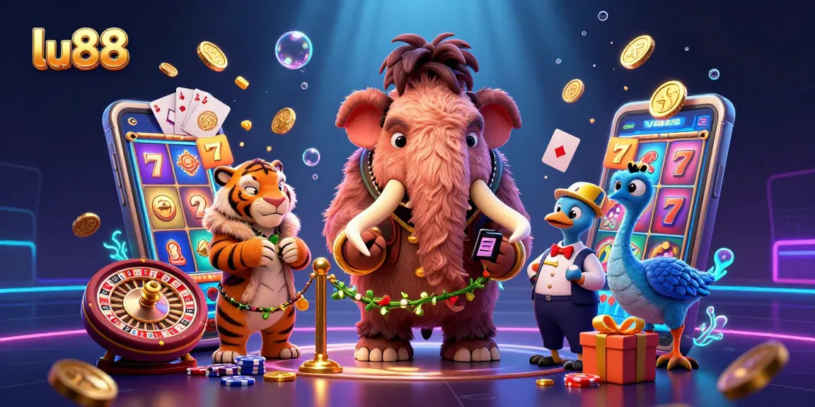 Experience thrilling gaming at lu88 with a vibrant 3D illustration of a mammoth bouncer and VIP guests at a lively casino.