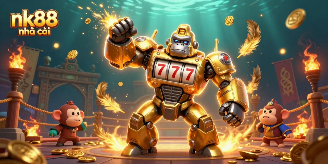 Experience the thrill of nk88 nhà cái with a dynamic scene of a golden gorilla mech and casino elements.