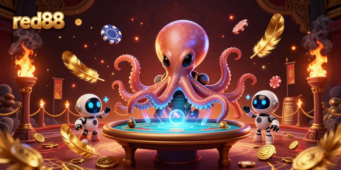 Experience red88's cosmic poker with an alien octopus and robot amidst dazzling casino action.