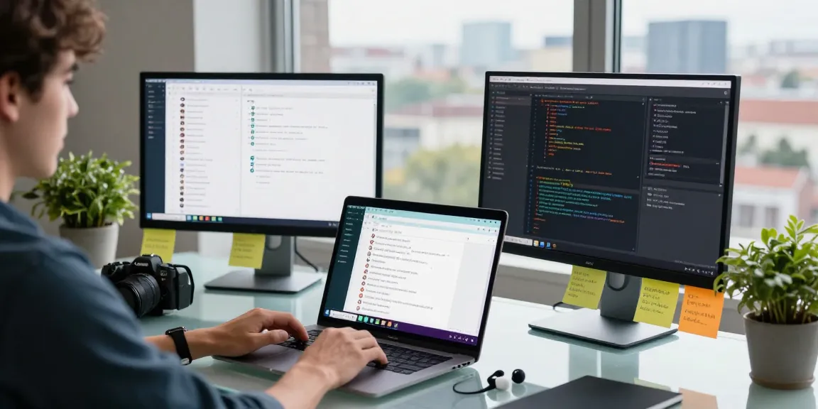 Engaged user on WhatsApp網頁版 in a modern workspace with tech elements and city view.