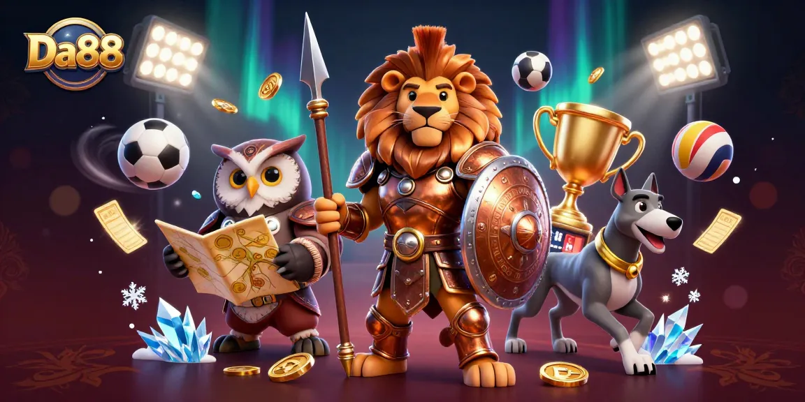 Da88 promotional illustration featuring a Spartan lion and dynamic sports elements in vibrant detail.