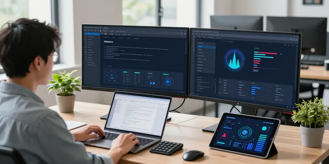 Developer utilizing the 快连 app in a modern tech workspace with dual monitors and a bright atmosphere.