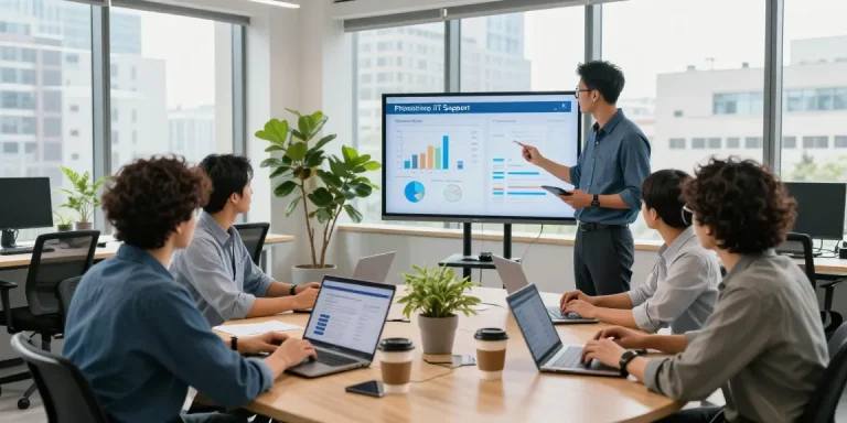 IT support business professionals collaborating in a modern office environment