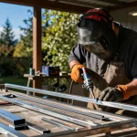 Custom metalwork north vancouver artisan fabricating durable railings in outdoor workshop.