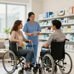 Customer interaction at a medical supply store featuring mobility aids and healthcare products.
