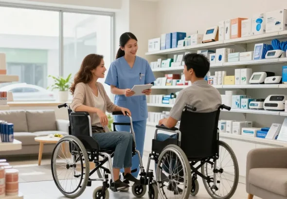 Customer interaction at a medical supply store featuring mobility aids and healthcare products.