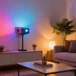 Proiector LED modern iluminând un living elegant cu atmosfera caldă