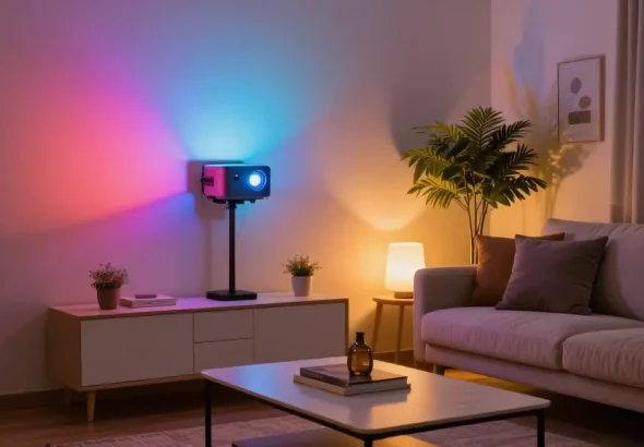 Proiector LED modern iluminând un living elegant cu atmosfera caldă