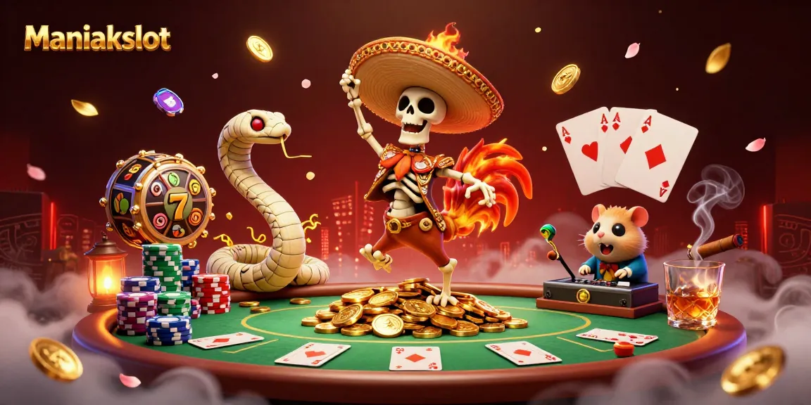 Experience the thrill of Maniakslot as the skeleton mariachi dances on coins amidst exciting gambling symbols.